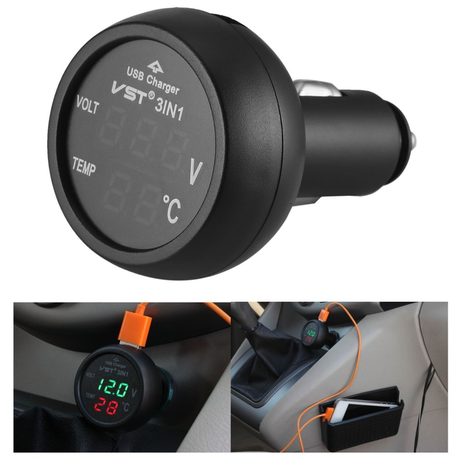 Digital Monitor 3-in-1: USB, Voltmeter & Thermometer to Male Cig Port