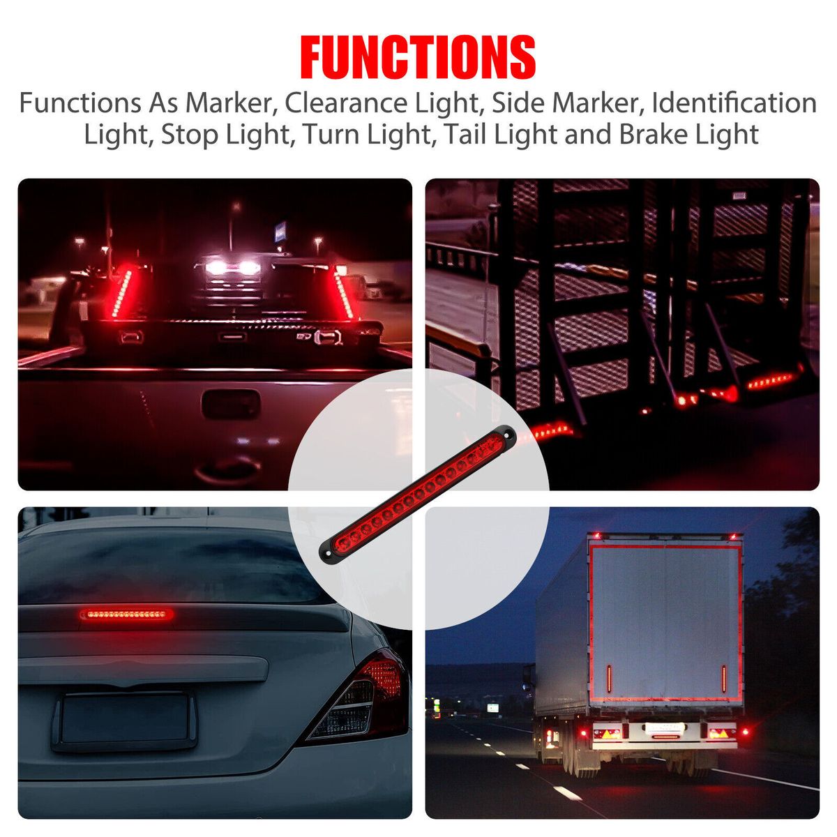 10In 15 LED Trailer Tail Light Bar Stop Turn Assembly Third Brake Strip