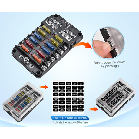 12-Way Blade Fuse Block/ 12 Circuits Panel (12V)