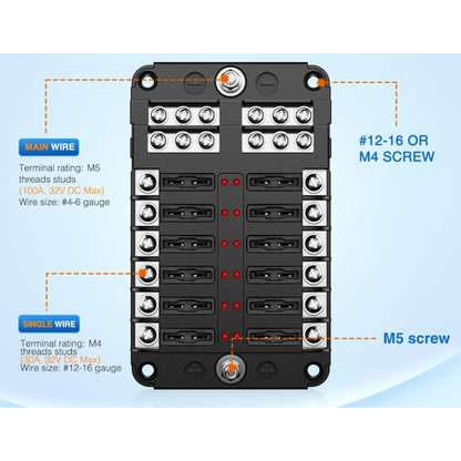 12-Way Blade Fuse Block/ 12 Circuits Panel (12V)