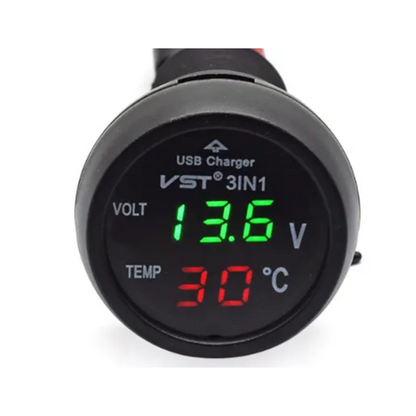 Digital Monitor 3-in-1: USB, Voltmeter & Thermometer to Male Cig Port