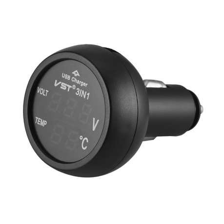 Digital Monitor 3-in-1: USB, Voltmeter & Thermometer to Male Cig Port