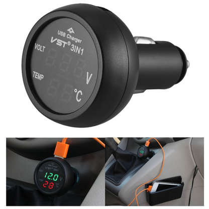 Digital Monitor 3-in-1: USB, Voltmeter & Thermometer to Male Cig Port