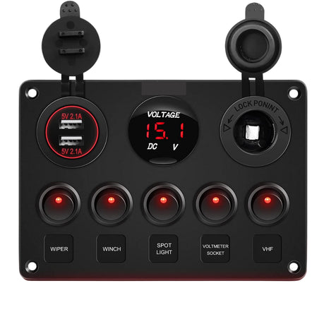 5 Gang Rocker Switch, Dual USB, Volt Meter & Cig Socket Inline Fuse Panel