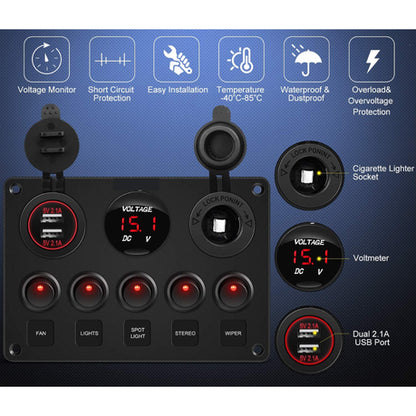 5 Gang Rocker Switch, Dual USB, Volt Meter & Cig Socket Inline Fuse Panel