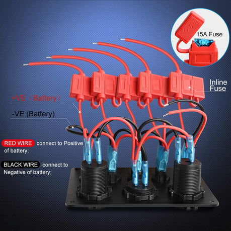 5 Gang Rocker Switch, Dual USB, Volt Meter & Cig Socket Inline Fuse Panel