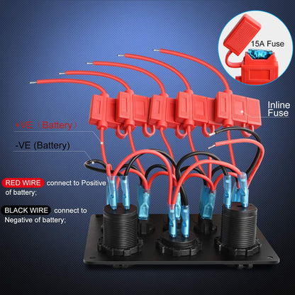 5 Gang Rocker Switch, Dual USB, Volt Meter & Cig Socket Inline Fuse Panel