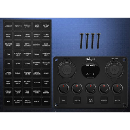 5 Gang Rocker Switch, Dual USB, Volt Meter & Cig Socket Inline Fuse Panel