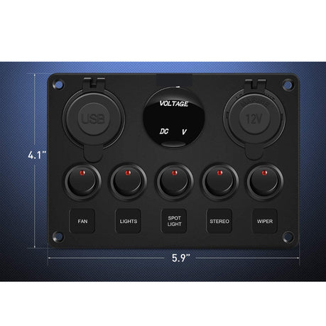 5 Gang Rocker Switch, Dual USB, Volt Meter & Cig Socket Inline Fuse Panel