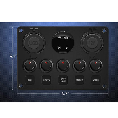 5 Gang Rocker Switch, Dual USB, Volt Meter & Cig Socket Inline Fuse Panel