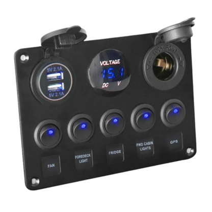 5 Gang Rocker Switch, Dual USB, Volt Meter & Cig Socket Inline Fuse Panel