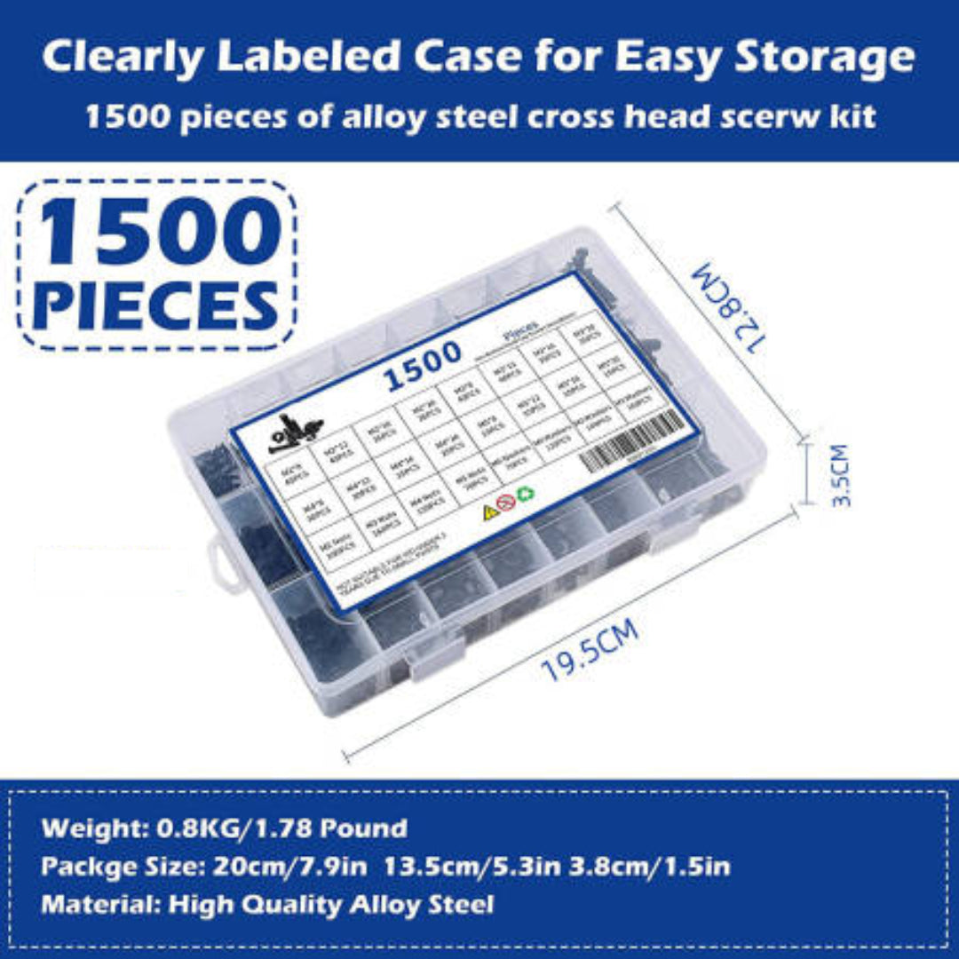 Alloy Steel Flat Head Hex Bolt/Washer & Nut Set: M2-M5 - 1500-Piece