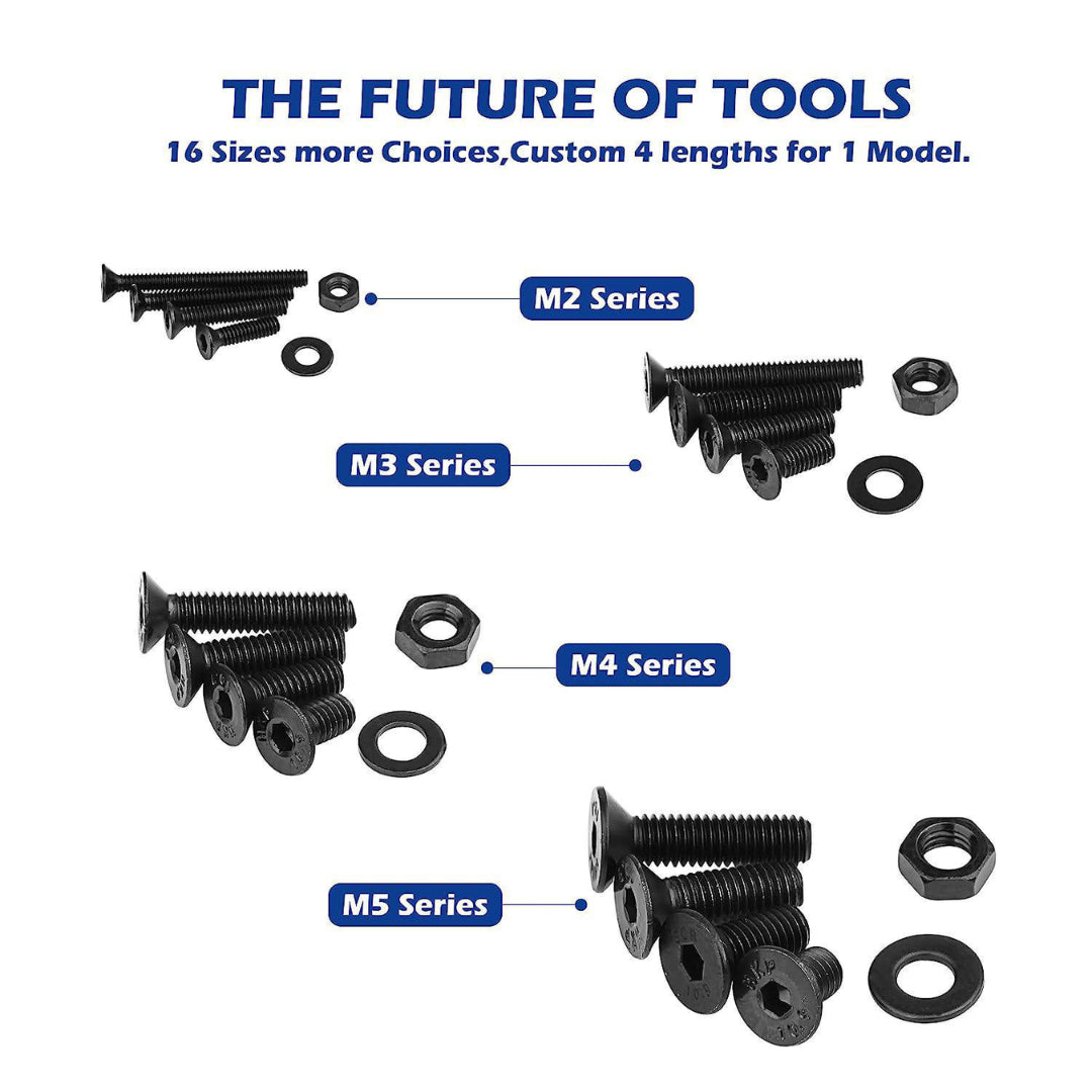 Alloy Steel Flat Head Hex Bolt/Washer & Nut Set: M2-M5 - 1500-Piece