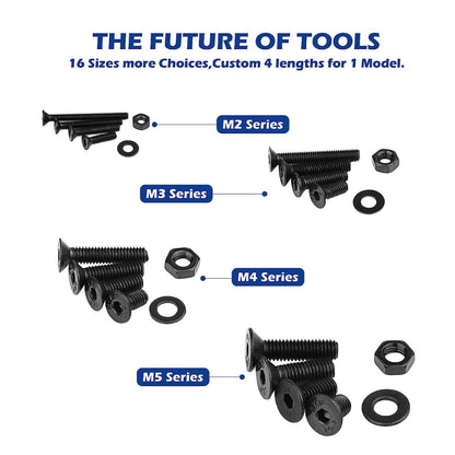Alloy Steel Flat Head Hex Bolt/Washer & Nut Set: M2-M5 - 1500-Piece