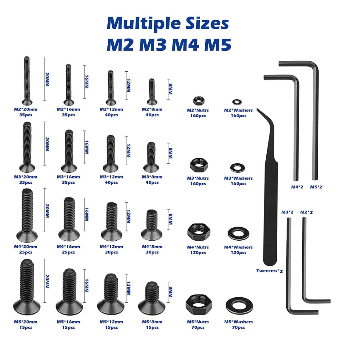 Alloy Steel Flat Head Hex Bolt/Washer & Nut Set: M2-M5 - 1500-Piece