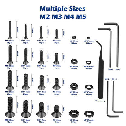 Alloy Steel Flat Head Hex Bolt/Washer & Nut Set: M2-M5 - 1500-Piece