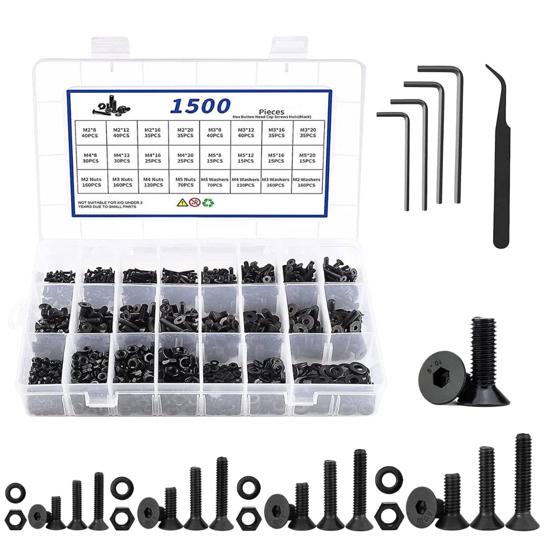 Alloy Steel Flat Head Hex Bolt/Washer & Nut Set: M2-M5 - 1500-Piece
