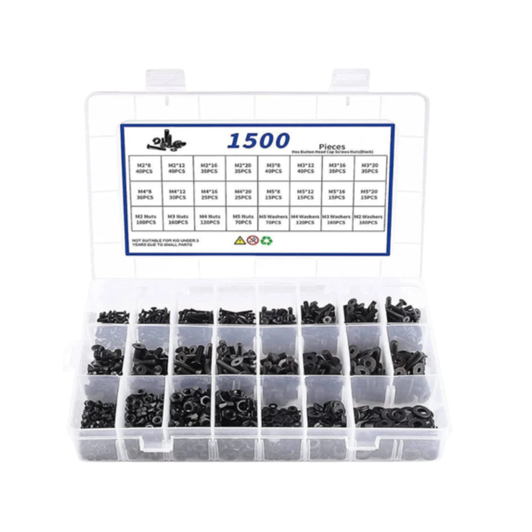 Alloy Steel Flat Head Hex Bolt/Washer & Nut Set: M2-M5 - 1500-Piece