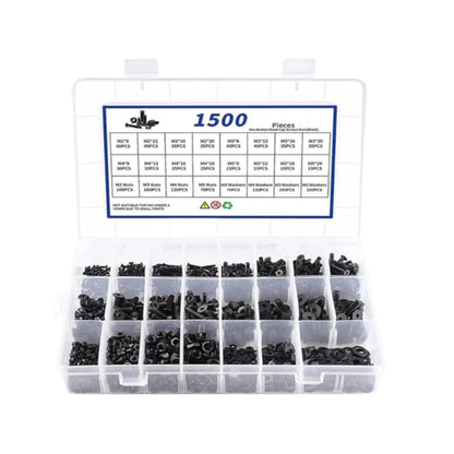 Alloy Steel Flat Head Hex Bolt/Washer & Nut Set: M2-M5 - 1500-Piece