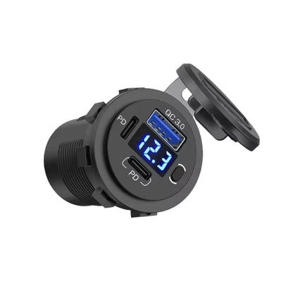 Dual PD Type-C Socket with 3.0 Single USB, Switch & Voltmeter - Blue