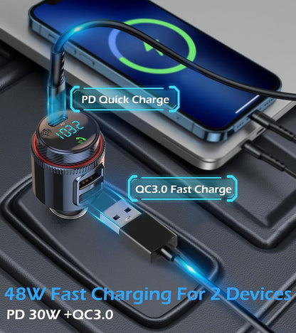 Car Bluetooth Adapter Wireless FM Transmitter USB C&QC3.0 Dual Fast Charger