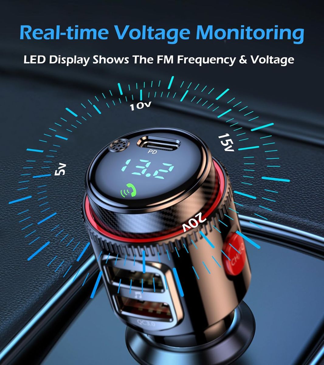 Car Bluetooth Adapter Wireless FM Transmitter USB C&QC3.0 Dual Fast Charger