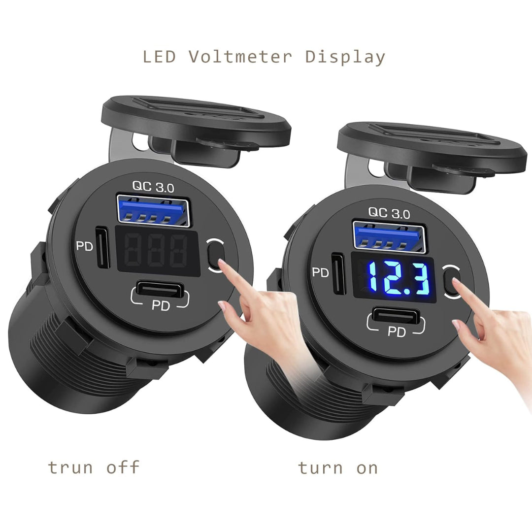 Dual PD Type-C Socket with 3.0 Single USB, Switch & Voltmeter - Blue