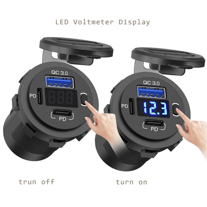 Dual PD Type-C Socket with 3.0 Single USB, Switch & Voltmeter - Blue