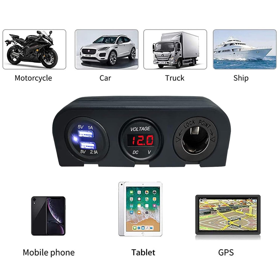 Automotive 3-Hole Panel: Dual USB, Volt & Cig Port