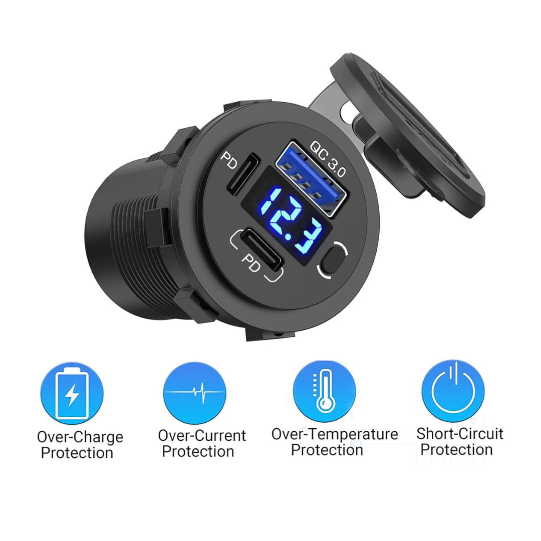 Dual PD Type-C Socket with 3.0 Single USB, Switch & Voltmeter - Blue