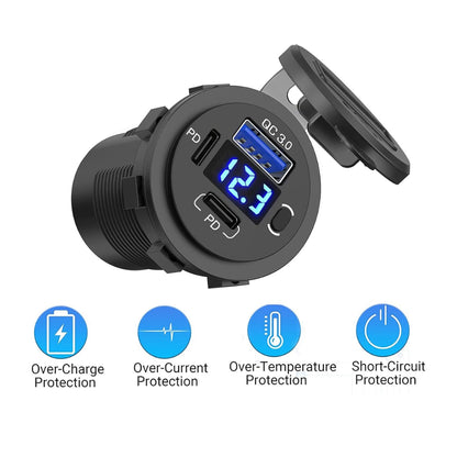 Dual PD Type-C Socket with 3.0 Single USB, Switch & Voltmeter - Blue