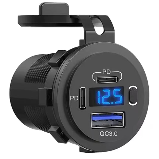 Dual PD Type-C Socket with 3.0 Single USB, Switch & Voltmeter - Blue