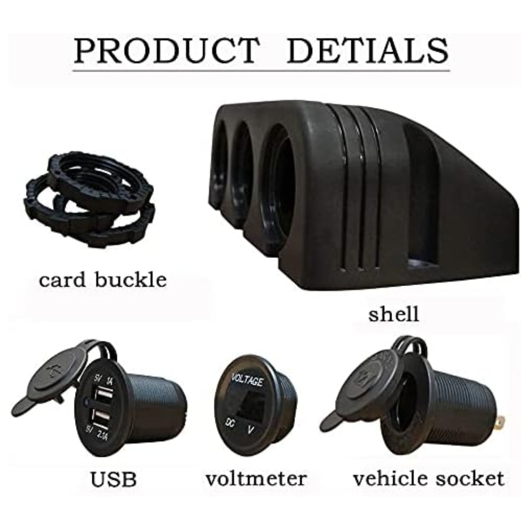 Automotive 3-Hole Panel: Dual USB, Volt & Cig Port