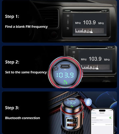 Car Bluetooth Adapter Wireless FM Transmitter USB C&QC3.0 Dual Fast Charger