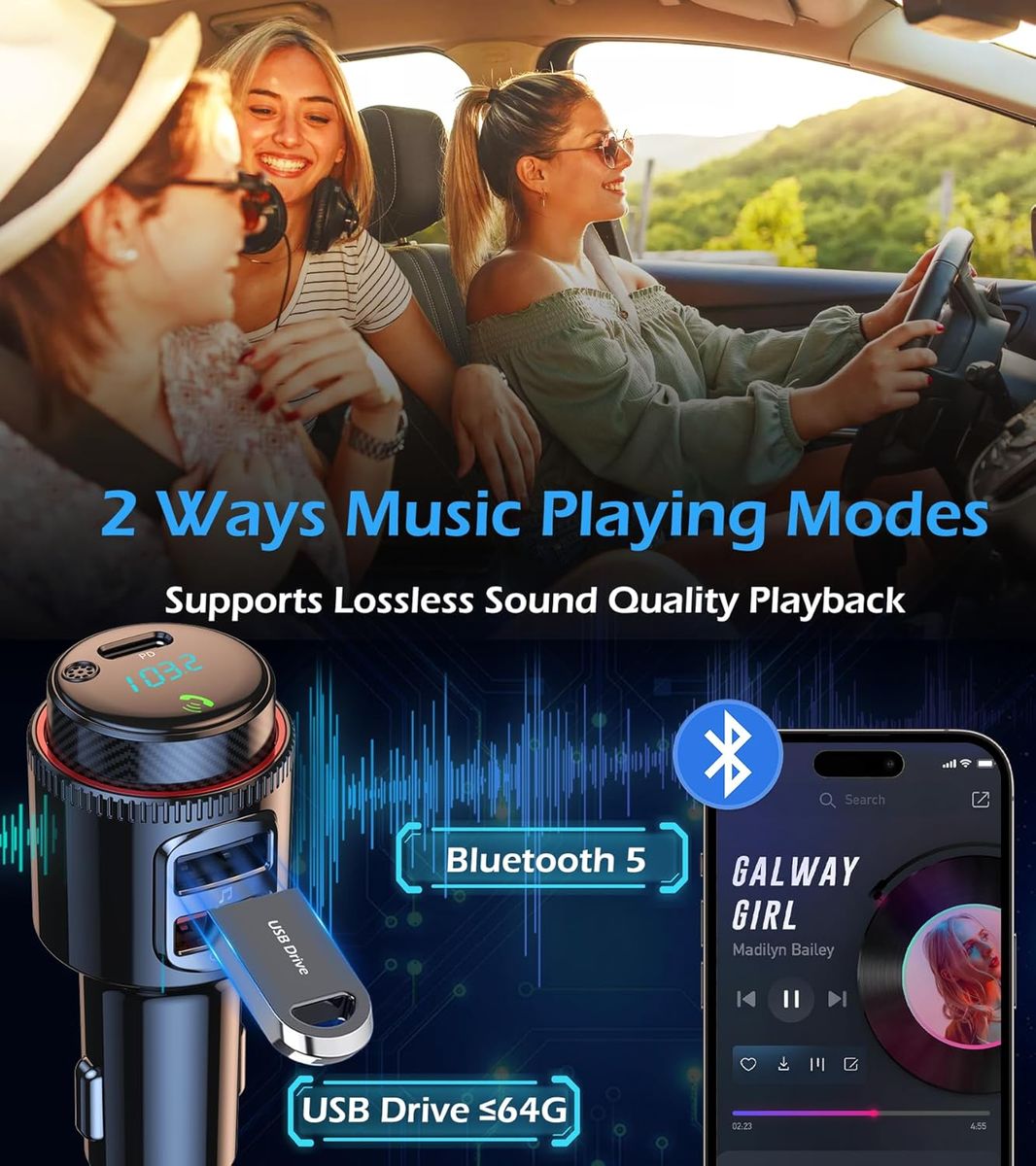 Car Bluetooth Adapter Wireless FM Transmitter USB C&QC3.0 Dual Fast Charger