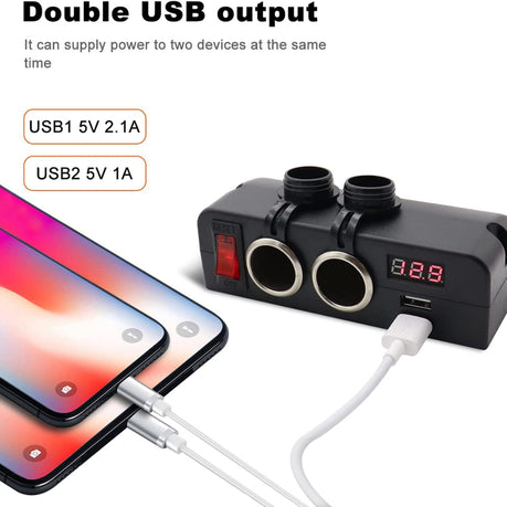 Dual USB Socket/ Dual Cigarette Adapter with Voltmeter & On/Off Switch