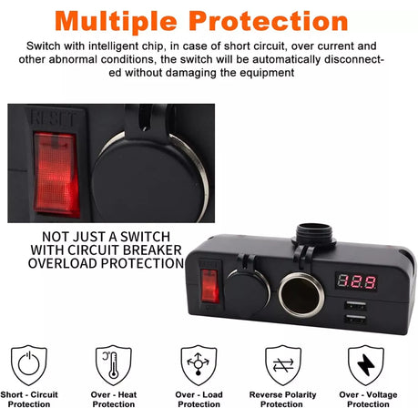 Dual USB Socket/ Dual Cigarette Adapter with Voltmeter & On/Off Switch