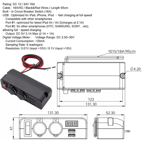 Dual USB Socket/ Dual Cigarette Adapter with Voltmeter & On/Off Switch