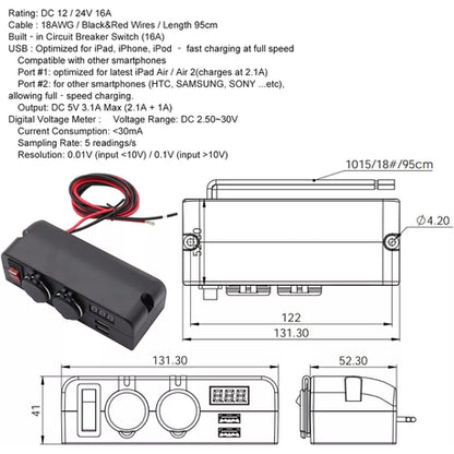 Dual USB Socket/ Dual Cigarette Adapter with Voltmeter & On/Off Switch