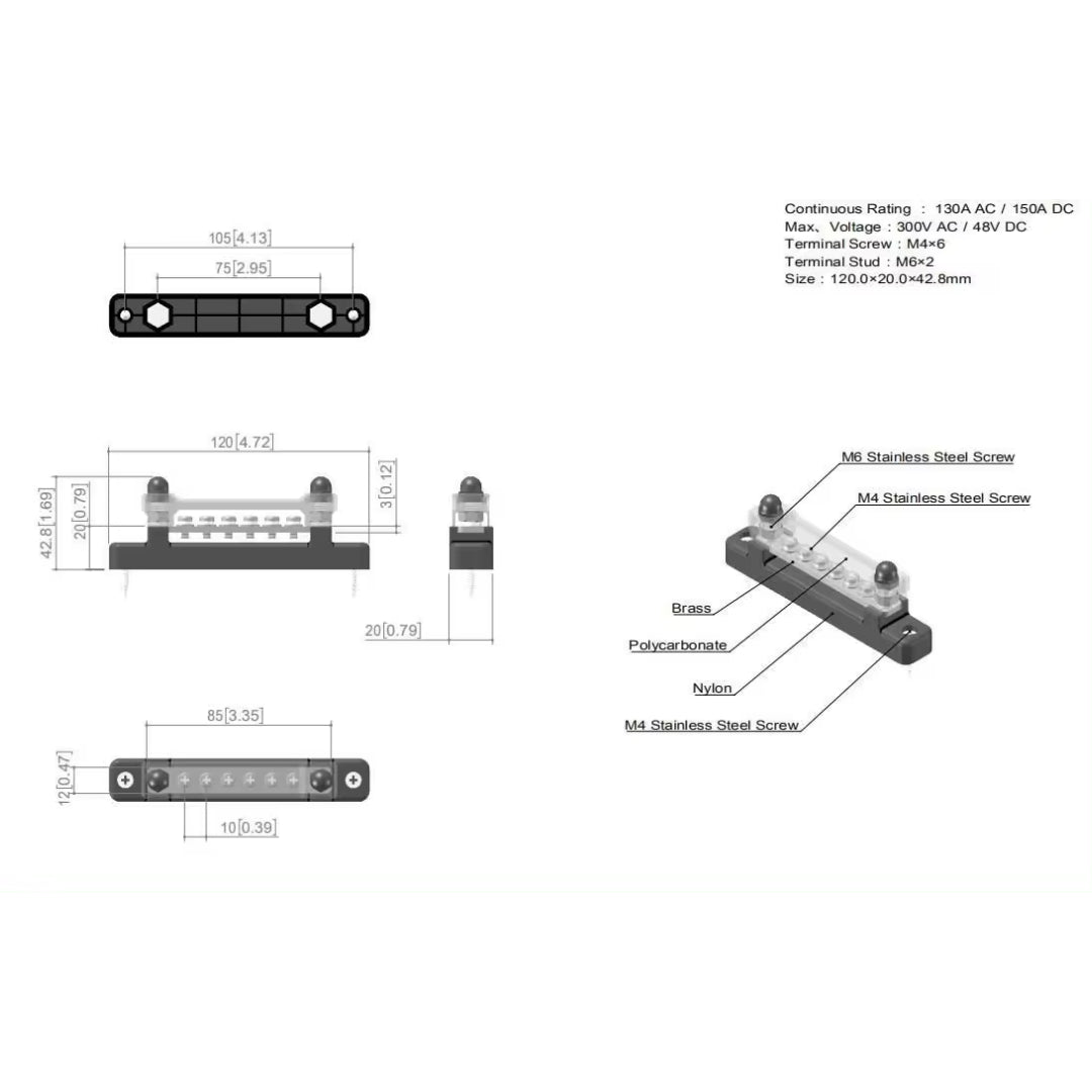 6 Terminal Bus Bar: Power Distribution Terminal Block (Black & Red)