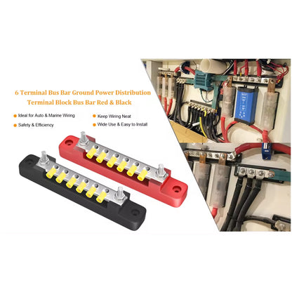 6 Terminal Bus Bar: Power Distribution Terminal Block (Black & Red)