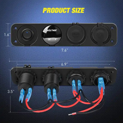 Automotive 4-in-1 Switch/ Socket Panel: Switch, Volt, USB/ PD & Cig Port