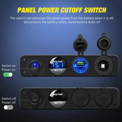 Automotive 4-in-1 Switch/ Socket Panel: Switch, Volt, USB/ PD & Cig Port