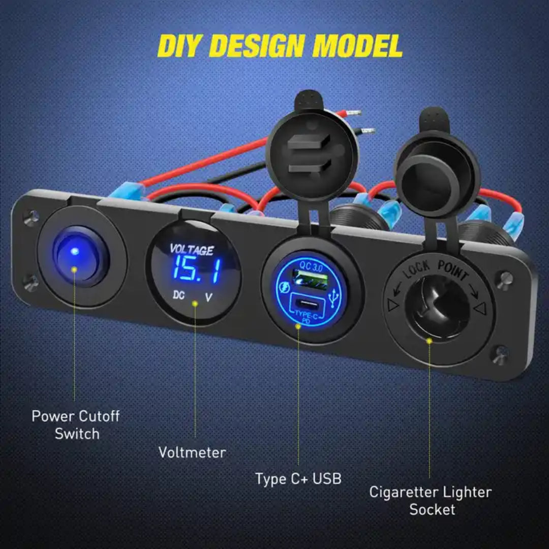 Automotive 4-in-1 Switch/ Socket Panel: Switch, Volt, USB/ PD & Cig Port