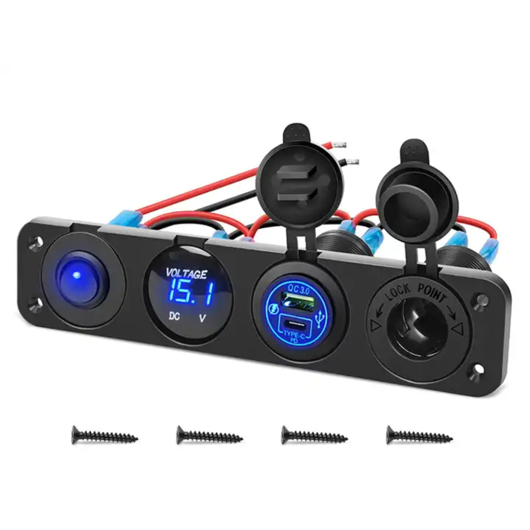 Automotive 4-in-1 Switch/ Socket Panel: Switch, Volt, USB/ PD & Cig Port