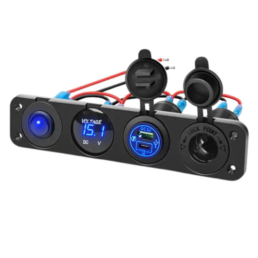 Automotive 4-in-1 Switch/ Socket Panel: Switch, Volt, USB/ PD & Cig Port