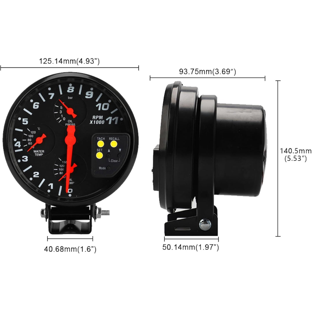 Auto 4-in-1 Tachometer: RPM/ Water/ Oil Temp / Oil Pressure (5-inch)