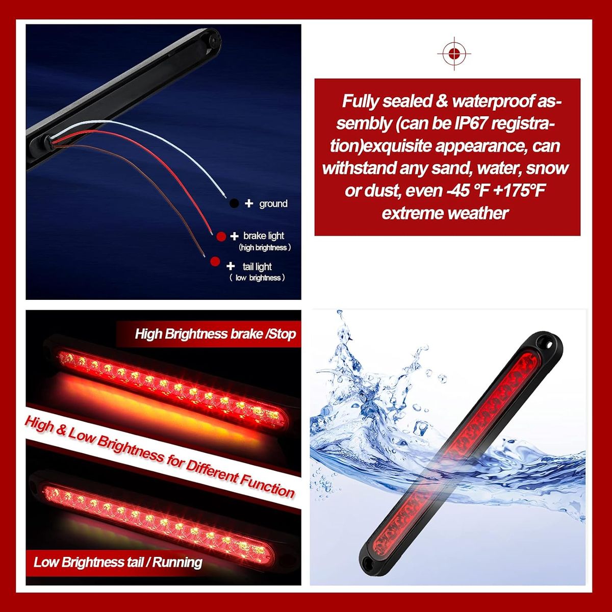 10In 15 LED Trailer Tail Light Bar Stop Turn Assembly Third Brake Strip