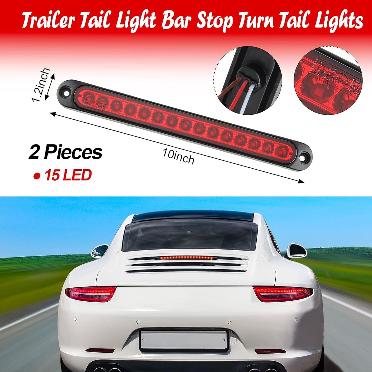 10In 15 LED Trailer Tail Light Bar Stop Turn Assembly Third Brake Strip