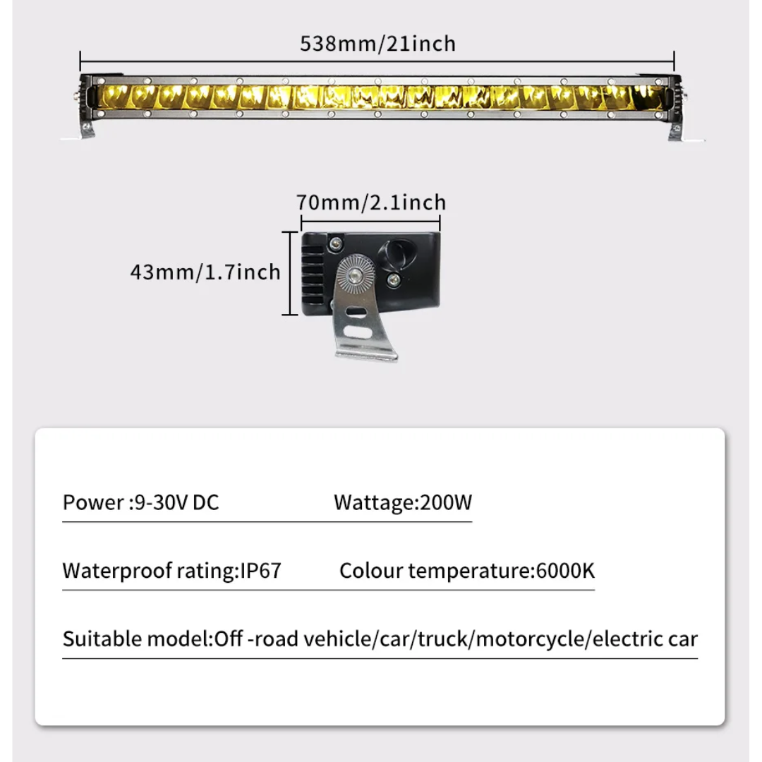 Auto Single Row Yellow LED Light Bar: 20-Inch (200W)
